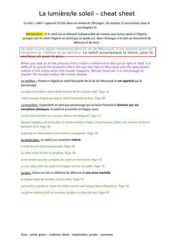 L'Etranger Cheat sheet - le soleil