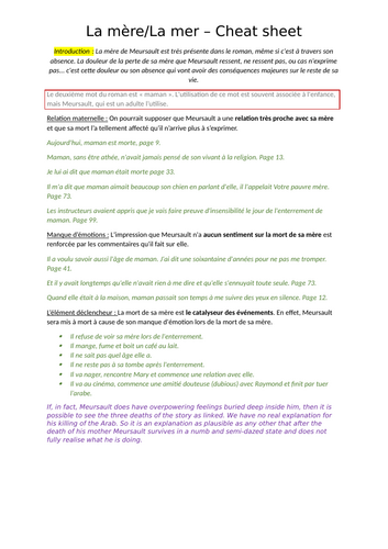 L'Etranger Cheat sheet - la mère et la mer