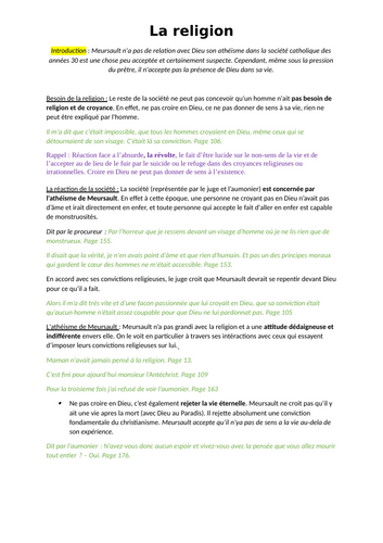 L'Etranger Cheat sheet - la religion
