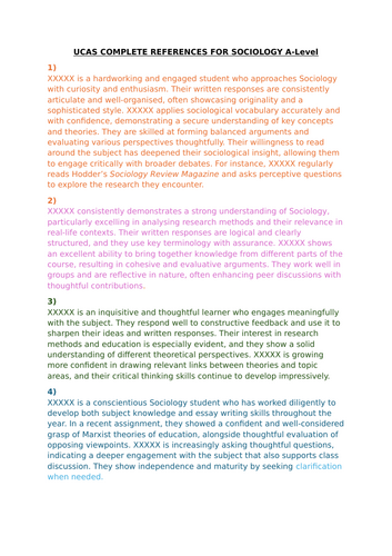 UCAS complete references/statements for A-Level Sociology students