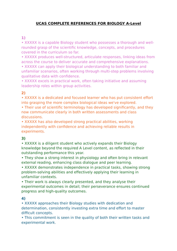 UCAS complete references/statements for A-Level Biology students