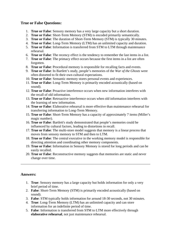 True/False questions/quiz for the memory topic in GCSE Psychology AQA -WITH ANSWERS