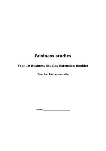Topic 1: Entrepreneurship Business studies extension activity booklet(NCFE 603/7004/X)