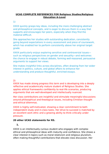 UCAS complete references for Religious Studies/Religious Education for year 12/13