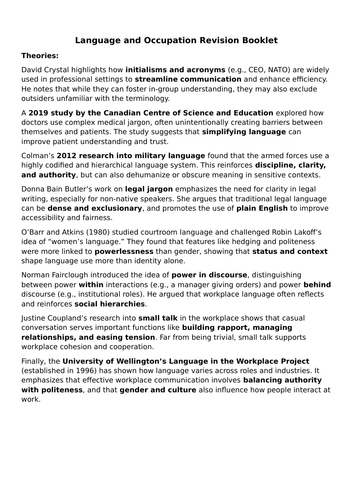 Language and Occupation Revision Booklet (A Level English Language)