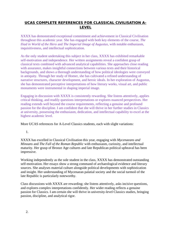 UCAS complete references for year 12/13 A-Level Classical Civilisation students