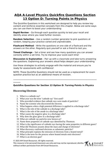 AQA A-Level Physics Quickfire Questions Section 13 Option D - Turning Points in Physics