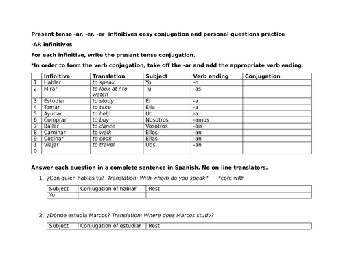 Present tense -ar, -er, -er infinitives easy conjugation and personal questions practice