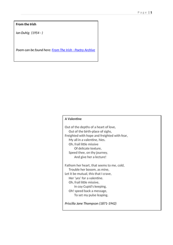 Unseen Poetry - 2 Love Poems Essay Plan