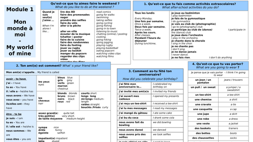 French Dynamo KS3 Module 1 Knowledge Organisers