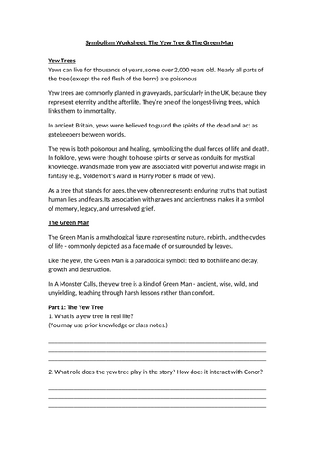 A Monster Calls - Symbolism - Yew Tree and the Green Man Worksheet