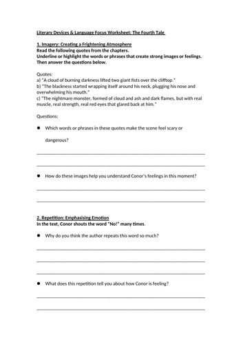 A Monster Calls - Literary Devices & Language Focus Worksheet: The Fourth Tale