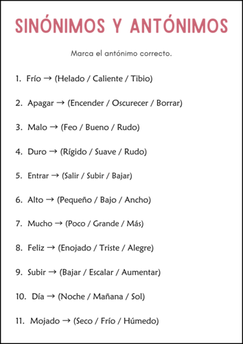 Sinónimos y Antónimos - Synonyms and Antonyms Grammar Worksheets in Spanish