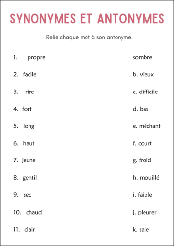 Synonymes et Antonymes - Synonyms and Antonyms Grammar Worksheets in French