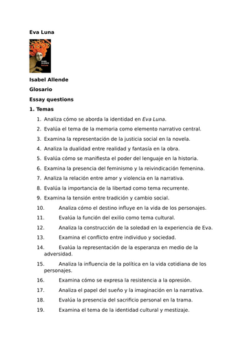 Essay Questions for Eva Luna by Isabel Allende