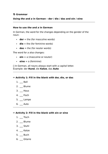 Stimmt 1 - Kapitel 1 - Hallo! - Grammar - der, die, das and ein, eine