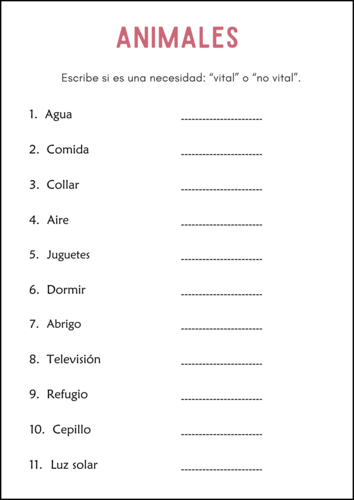Necesidades Básicas de los Animales - Basic Needs of Animals Worksheets in Spanish