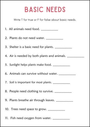 Basic Needs of Animals and Plants Activity Worksheets for Grade 1, 2, 3