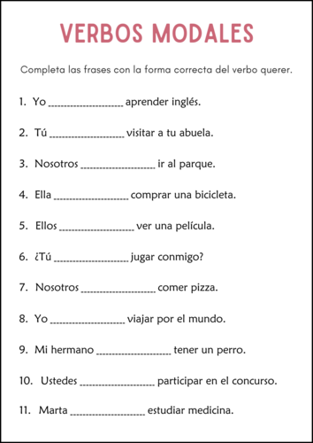 Verbos Modales - Modal Verbs Grammar Activities Worksheets in Spanish