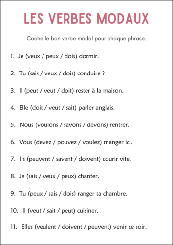 Les Verbes Modaux - Modal Verbs Grammar Activities Worksheets in French