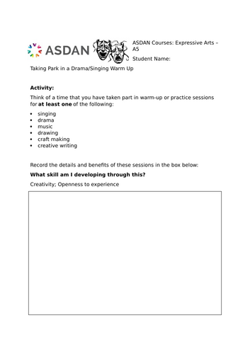 ASDAN Expressive Arts - Explore - A5 Challenge