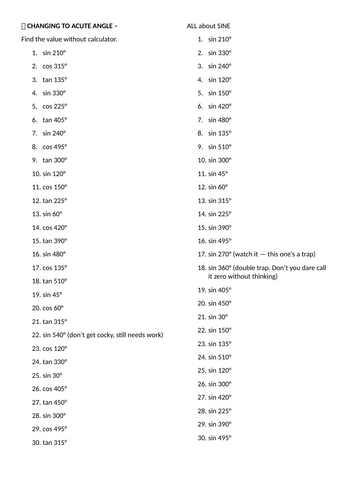 Exact Trig Values (Special Angles)