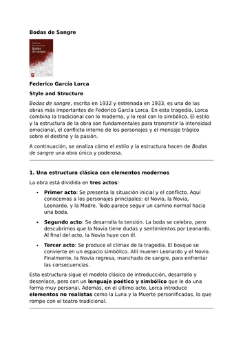Bodas de Sangre – Federico García Lorca - Style and Structure Analytical Resource Pack