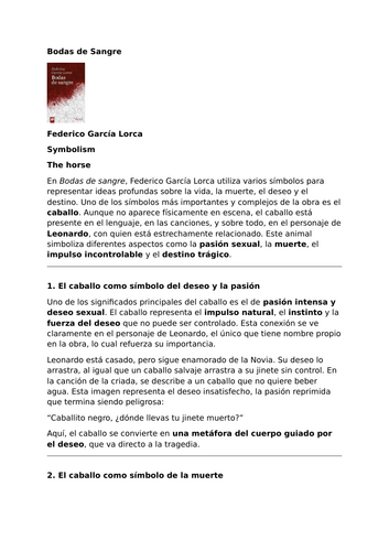 Bodas de sangre – Federico García Lorca - Symbolism of the Horse – Analytical Resource & Worksheet