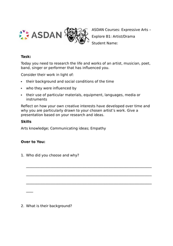 ASDAN Expressive Arts - Explore B1 - Inspiring Artist