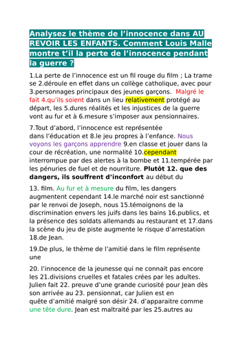 AU REVOIR LES ENFANCE Model essay and tasks for AQA's A Level French Paper 2