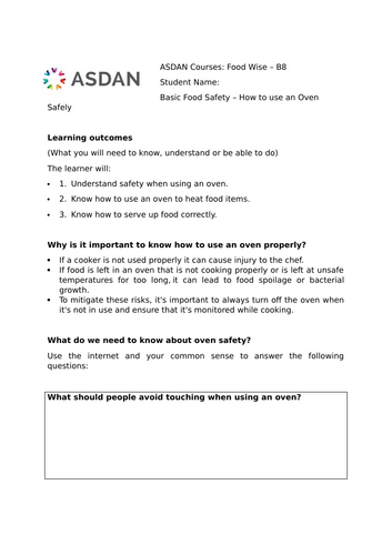 ASDAN Food Wise Short Course - How to use an Oven