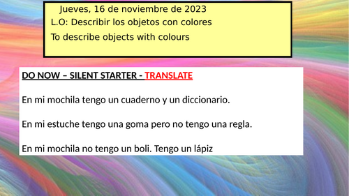 KS3 Spanish School bag items and colours