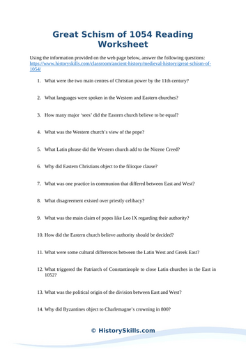 Great Schism of 1054 Reading Comprehension Worksheet