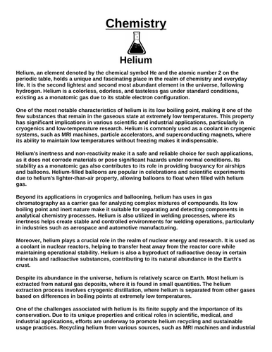 Chemistry: Helium “Article & Questions” Assignment