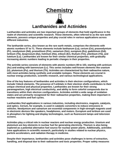 Chemistry: Lanthanides and Actinides “Article & Questions” Assignment