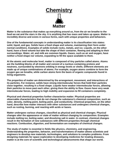 Chemistry: Matter “Article & Questions” Assignment