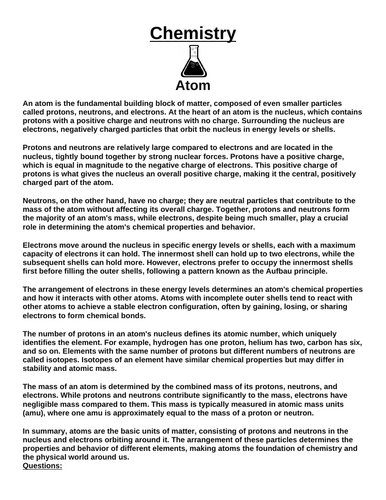Chemistry: Atom “Article & Questions” Assignment