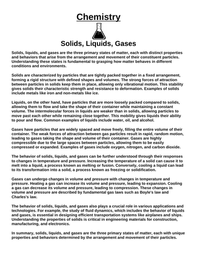 Chemistry: Solids, Liquids, Gases “Article & Questions” Assignment