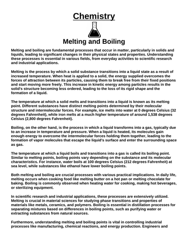 Chemistry: Melting and Boiling “Article & Questions” Assignment