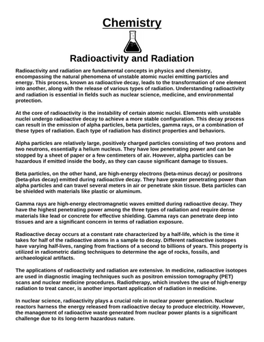 Chemistry: Radioactivity and Radiation “Article & Questions” Assignment