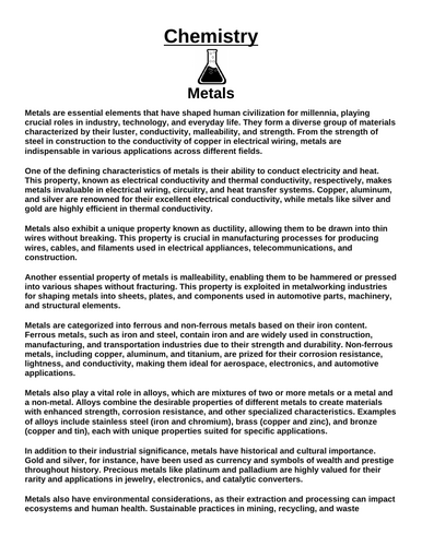 Chemistry: Metals “Article & Questions” Assignment