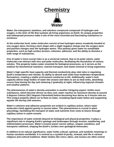 Chemistry: Water “Article & Questions” Assignment