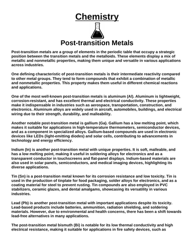 Chemistry: Post-transition Metals “Article & Questions” Assignment