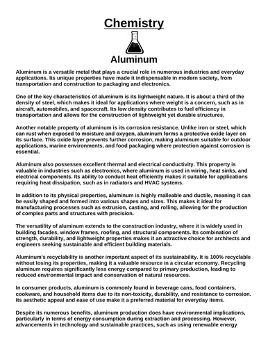 Chemistry: Aluminum “Article & Questions” Assignment