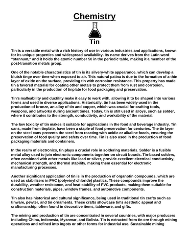 Chemistry: Tin “Article & Questions” Assignment