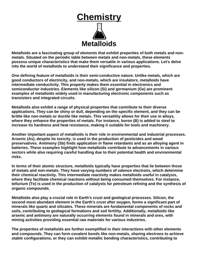 Chemistry: Metalloids “Article & Questions” Assignment