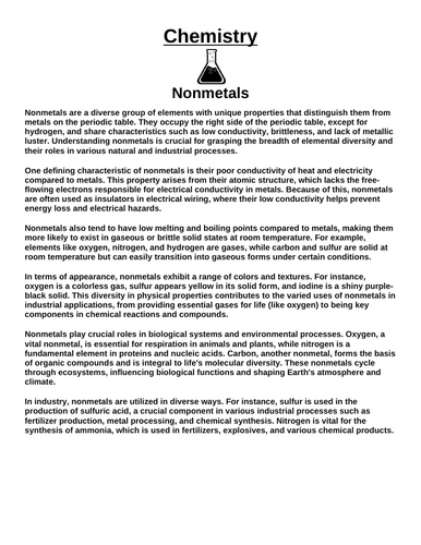 Chemistry: Nonmetals  “Article & Questions” Assignment