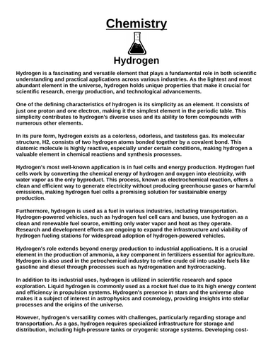Chemistry: Hydrogen “Article & Questions” Assignment