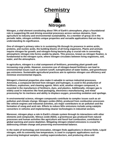 Chemistry: Nitrogen “Article & Questions” Assignment