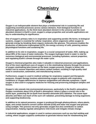 Chemistry: Oxygen “Article & Questions” Assignment
